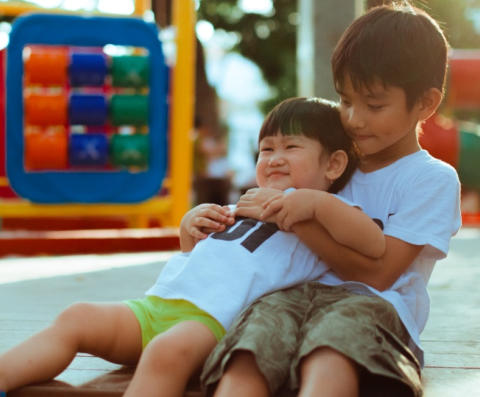 Image of a big brother hugging his little brother on a playground